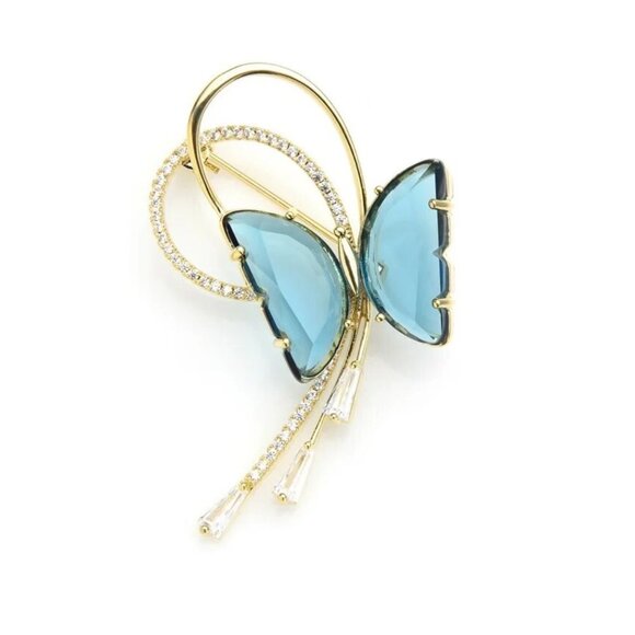 Butterfly pin brooch jewelry blue gold crystal - Picture 1 of 12